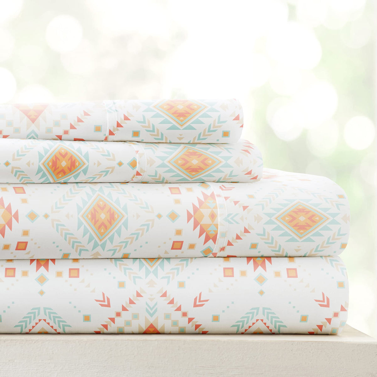 Linen Market Double-Brushed Patterned Microfiber Full Sheet Set 4 Piece – Oeko-TEX Certified Ultra Soft & Wrinkle-Free - 16" Deep Pocket Sheets - Easy Care Full Size - Aztec Dreams Coral