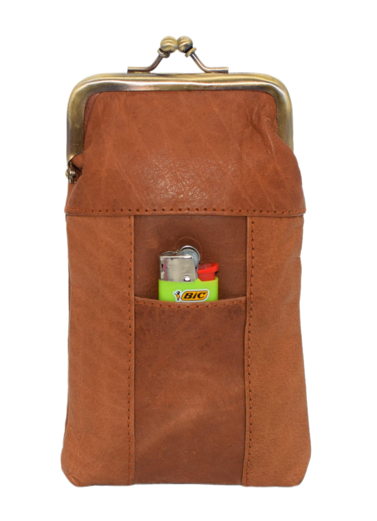 Genuine Leather Tan Cigarette Case Holder Slim Pack Regular or 100's & Lighter Pocket with Metal Twist Clasp (Tan)