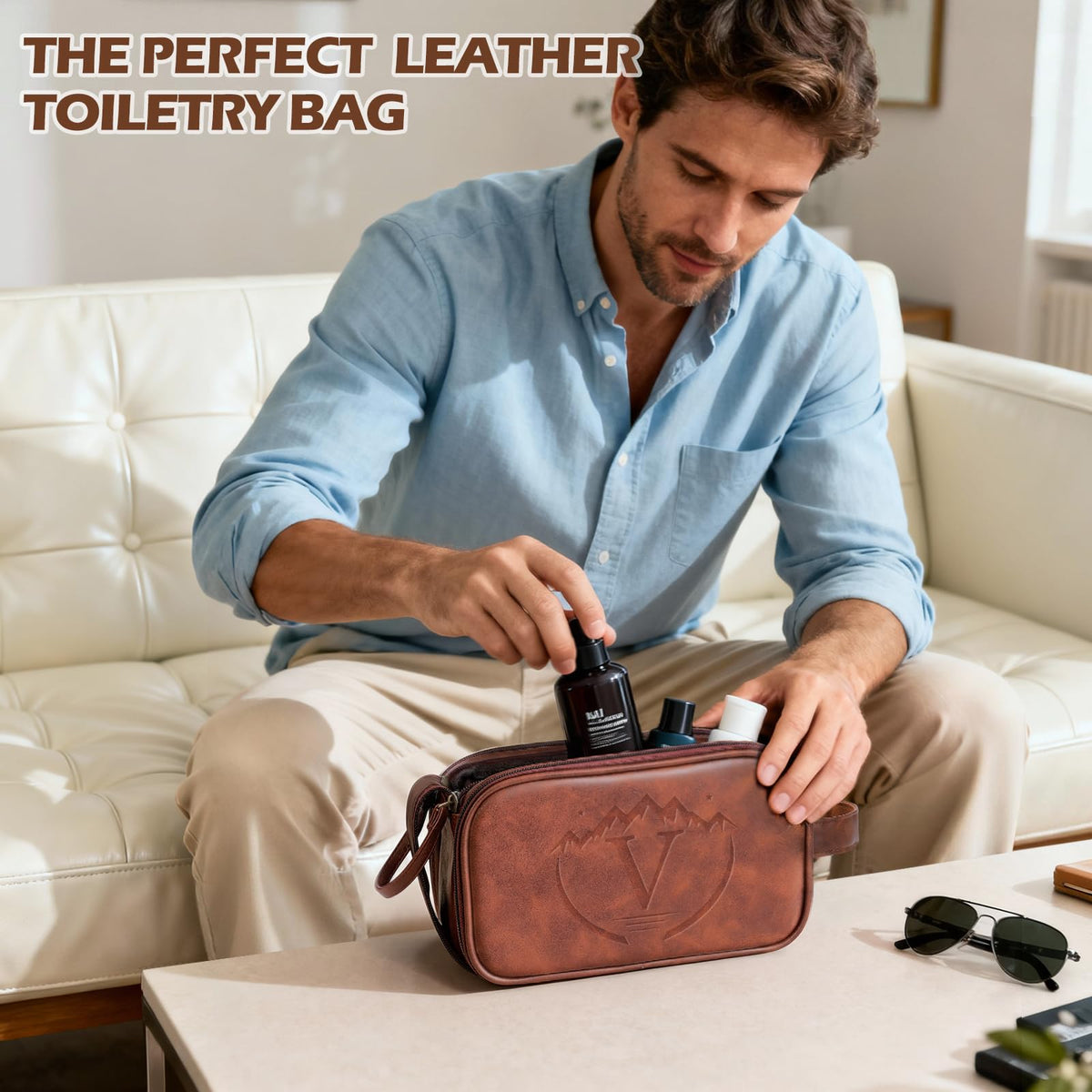 Ecttunafe Engraved Father Day Gifts Toiletry Bag for Men Dad Husband, Custom Initial PU Leather Waterproof Toiletry Organizer Dop Kit Shaving Bag Travel Essentials, Large, Durable, Brown,V