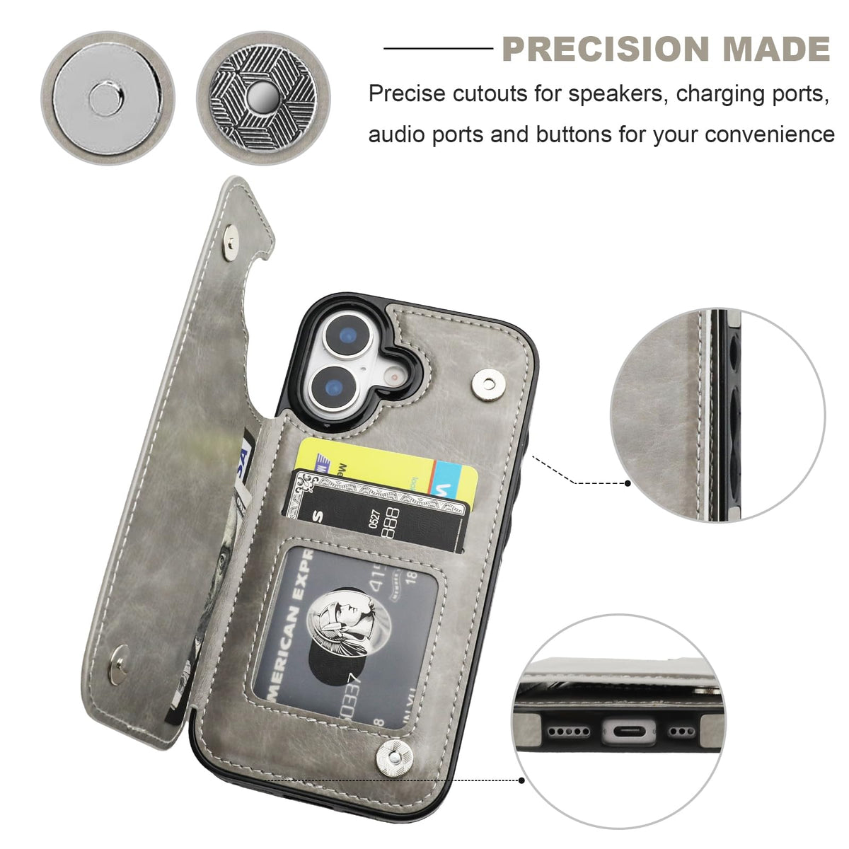 ONETOP Compatible with iPhone 17 Wallet Case with Card Holder, PU Leather Kickstand Card Slots Case, Double Magnetic Clasp and Durable Shockproof Cover 6.3 Inch (Gray)