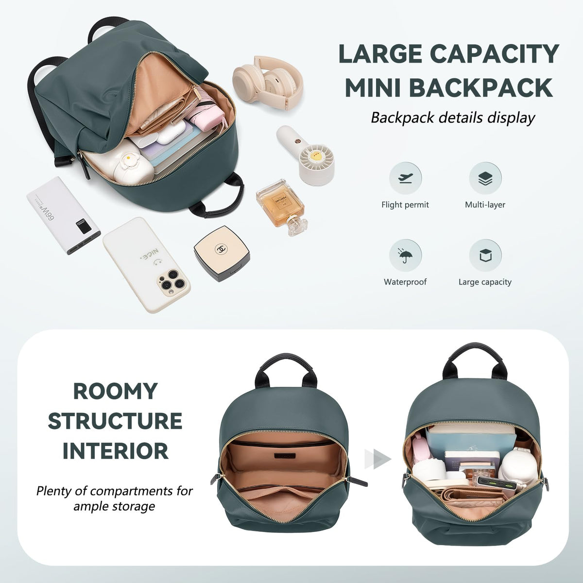 GOLF QUALITY Small Backpack for Women, Cute Backpack Casual Work Daypack Purse for College Travel, fit 9.7 Inch, Dark Green