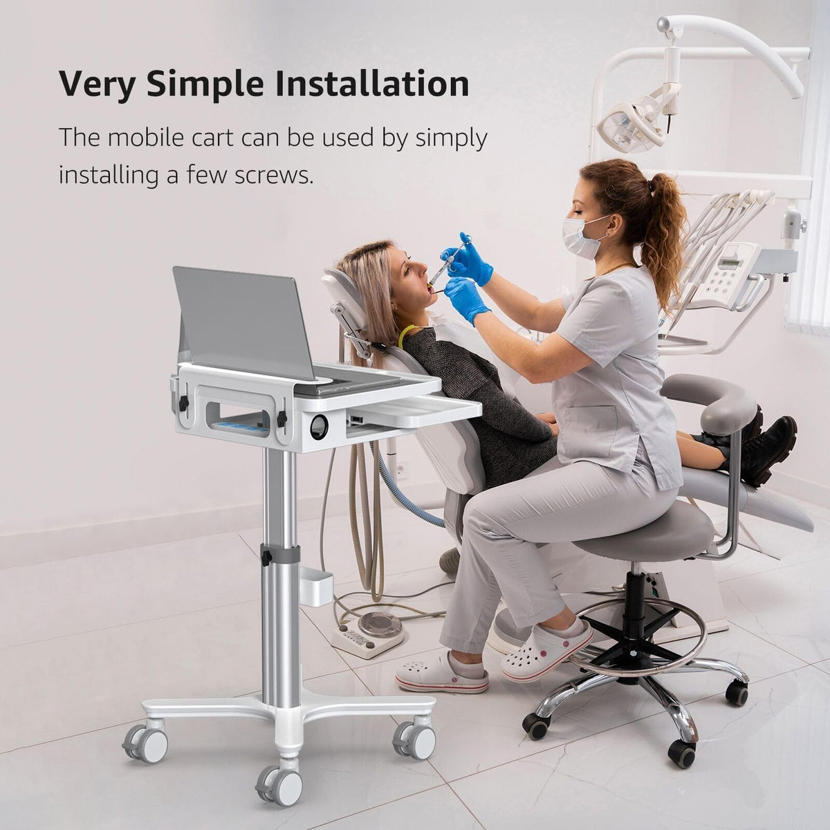 BEWISER Medical Cart Mobile Trolley Height Adjustable Easy Installation Pallet Cart with Oral Scanner Holder Laptop Workstation