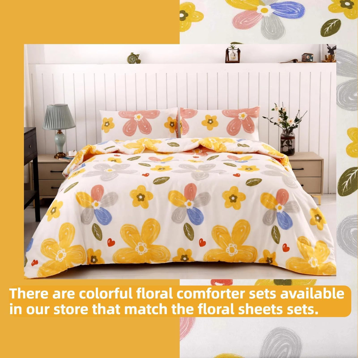 SDIII 4 Pieces Yellow Floral Sheets Set Full, Soft Microfiber Floral Bed Sheets Full Size Deep Pocket, Cute Flower Bedding Sheet for All Season