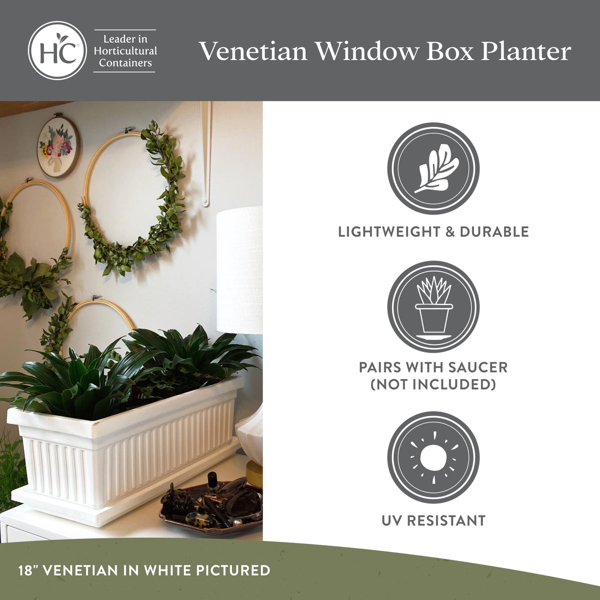 The HC Companies Venetian Window Planter Box w/Drain Plug - Long Planter Box for Windowsills, Balconies & More - Plastic Large Rectangular Planters for Herbs & Flowers (24" Warm Gray, Pack of 1)
