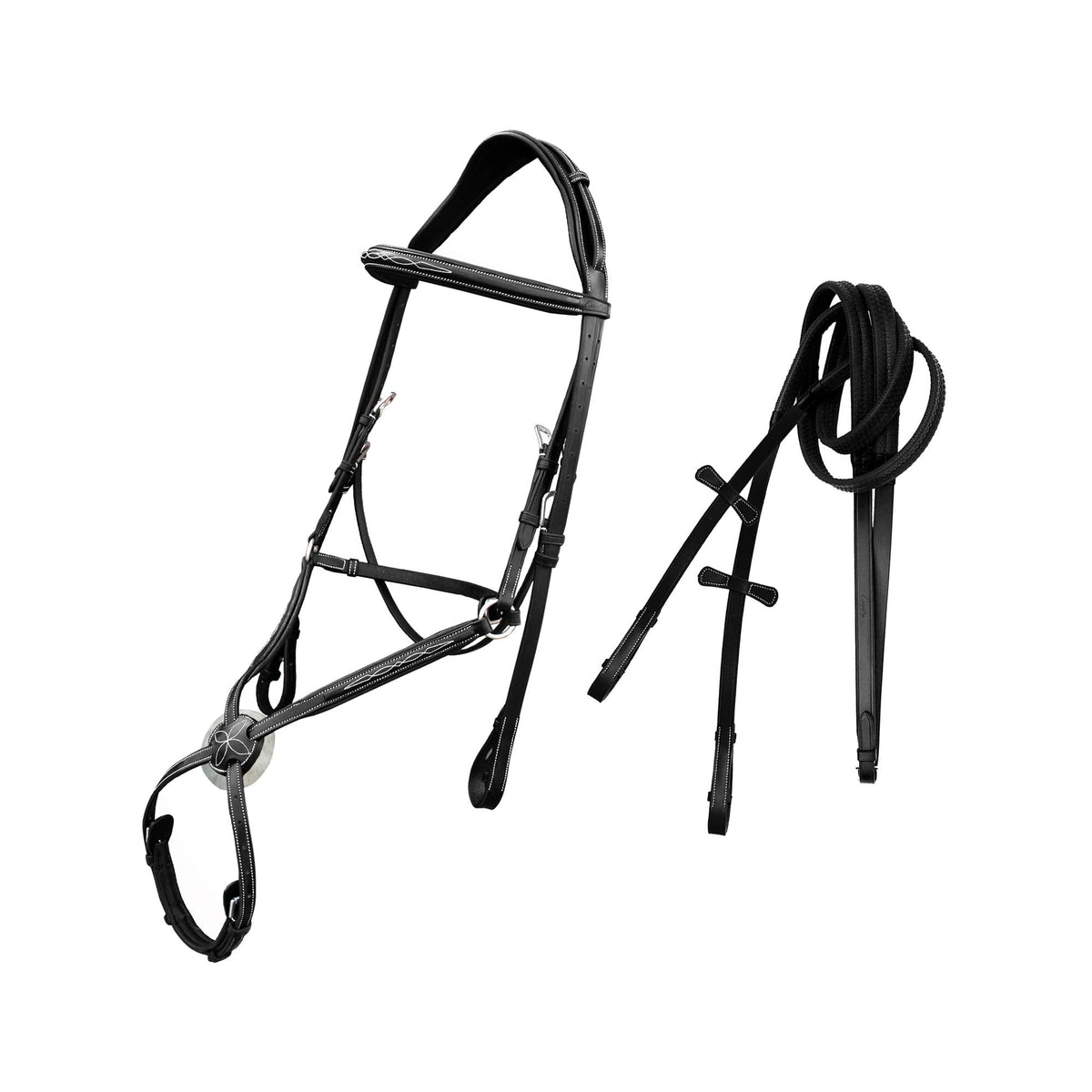 Exion Comfort Lined Anatomic Shape Mono Crown Piece Designer Fancy Stitched Perfect Square Raised Double Buckle Adjustable Figure 8 Noseband Jumping Bridle with Rubber Reins | Royal English Bridle