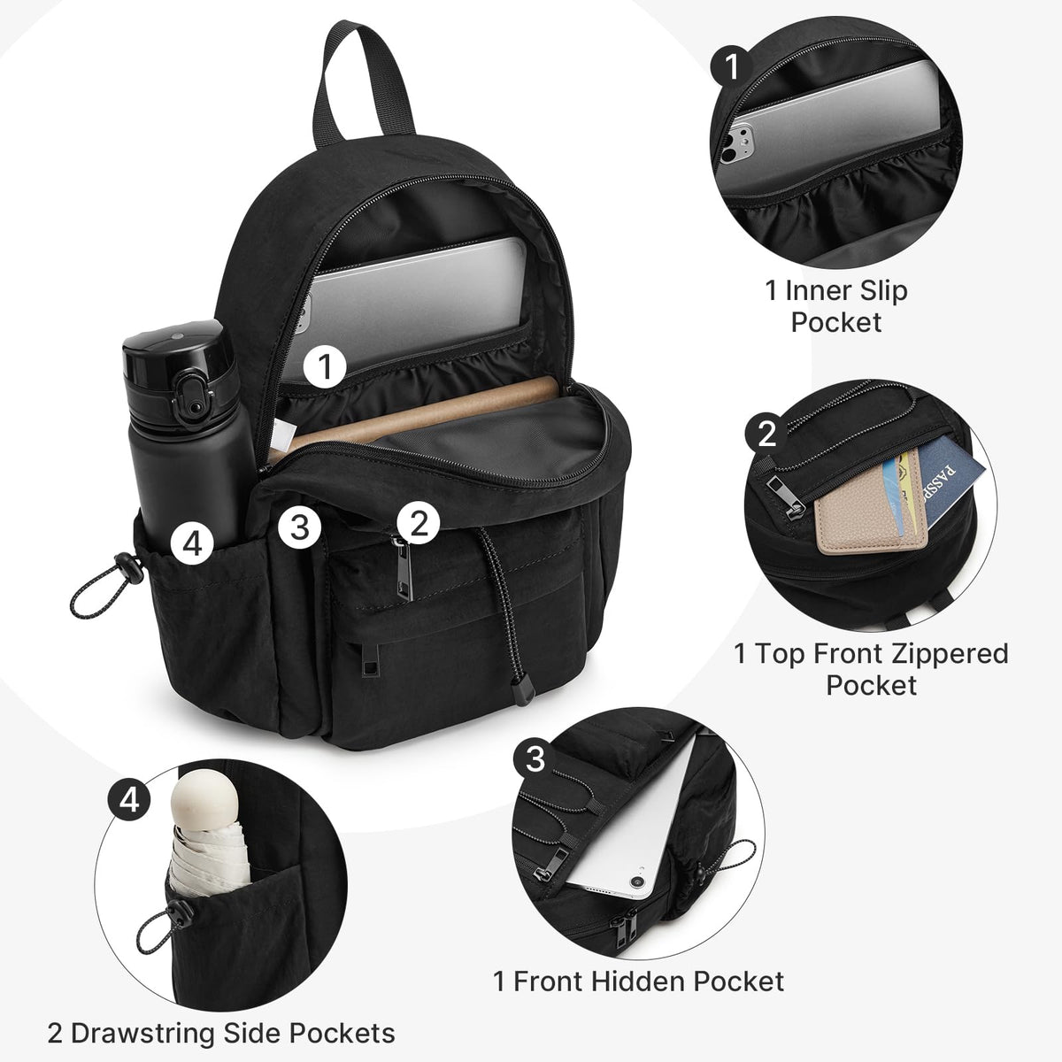 G4Free 10L Small Backpack for Women Men Lightweight Mini Travel Backpacks Hiking Casual Daypack, Black