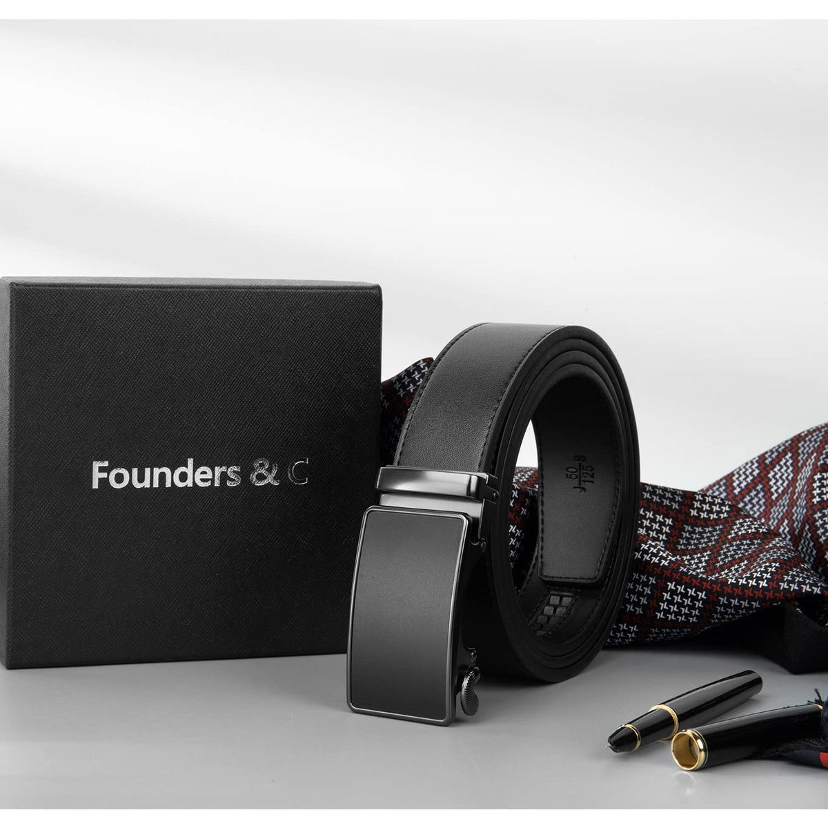 Founders & C Men's Ratchet Belt 1 3/8",Leather Dress Belt Adjustable with Click Sliding Buckle Trim to Exact Fit (Ratchet Leather Black Belt, 22"-34" Waist Adjustable)
