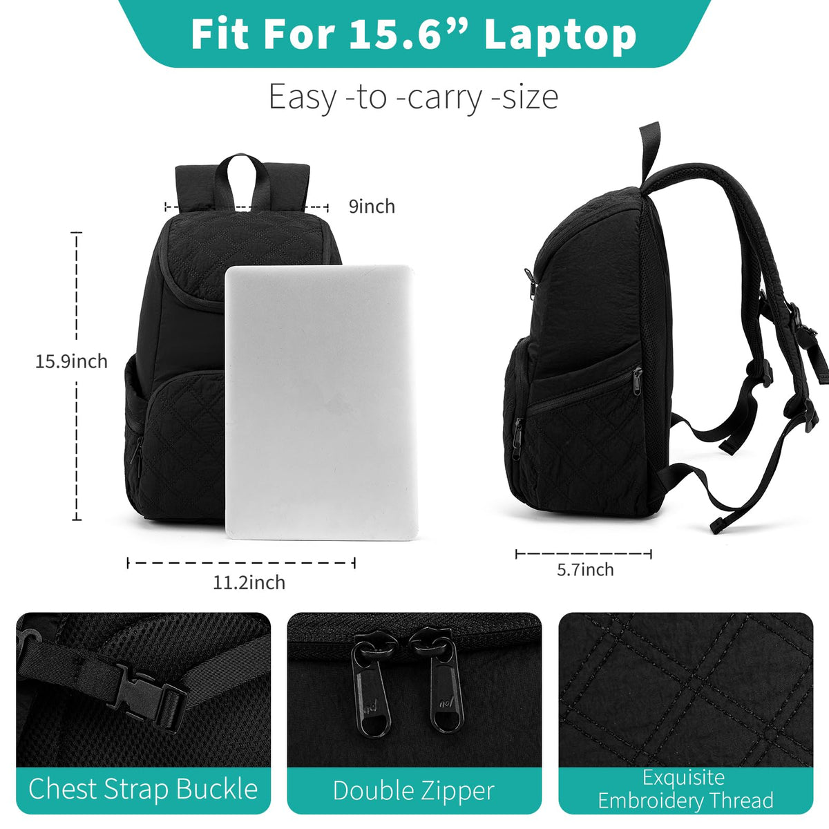NOL Natural Organic Lifestyle Women's Quilted Puffer Backpack, Large Waterproof Lightweight Puffy Bookbag, Carry on Daypack for Travel, Work (Black)