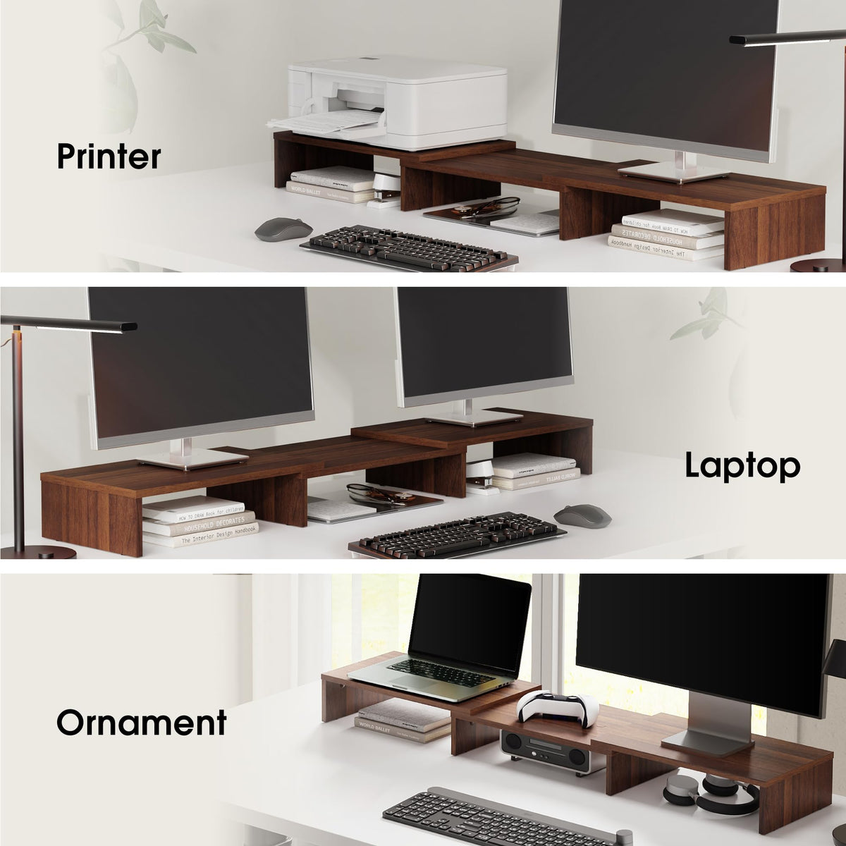 FITUEYES Dual Monitor Stand – 3 Shelf Computer Monitor Riser, Wood Desktop Stand with Adjustable Length and Angle, Desk Accessories, Office Supplies Medium Brown, DT108002WB