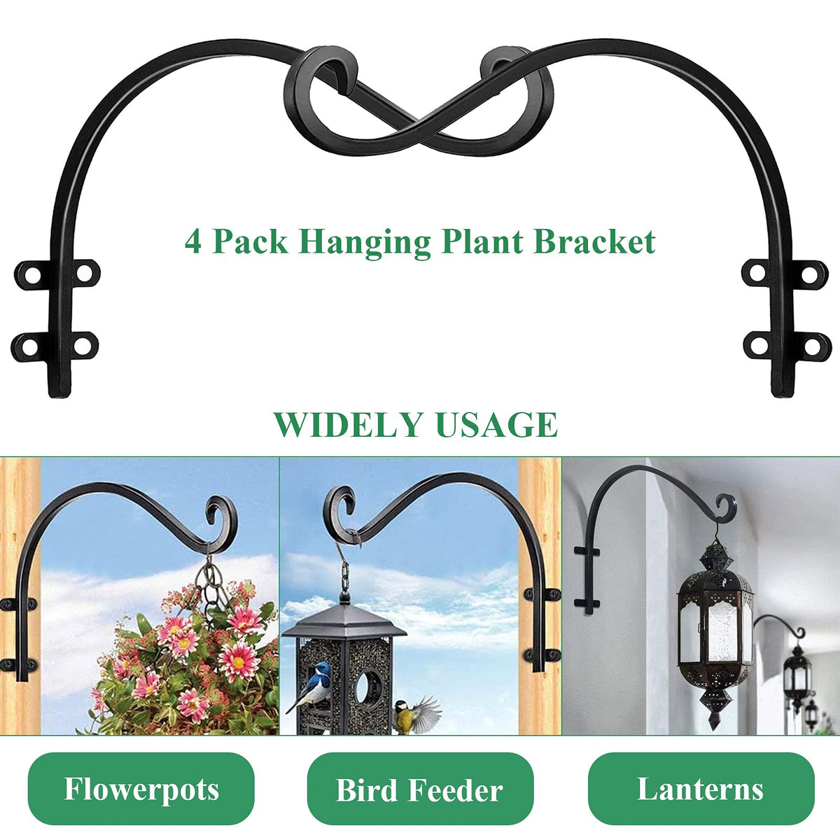 4 Pack Heavy Duty Plant Hanger Bracket, 12Inch Hanging Brackets for Plants Outdoor and Indoor, 80lbs Holding Capacity Metal Plant Wall Hooks, Black Hanging Plant Brackets for Flower Wind Bird Feeder