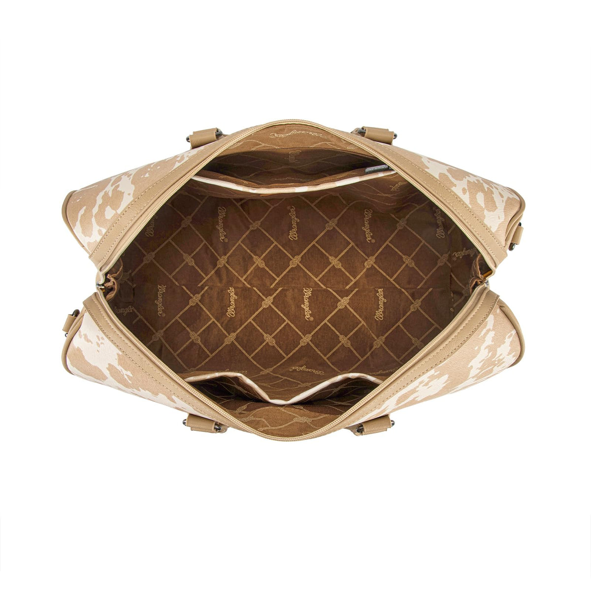 Wrangler Rustler Wildside Cow-Print Weekender Duffel Bag Large Carry On Bags with Tassels, Tan