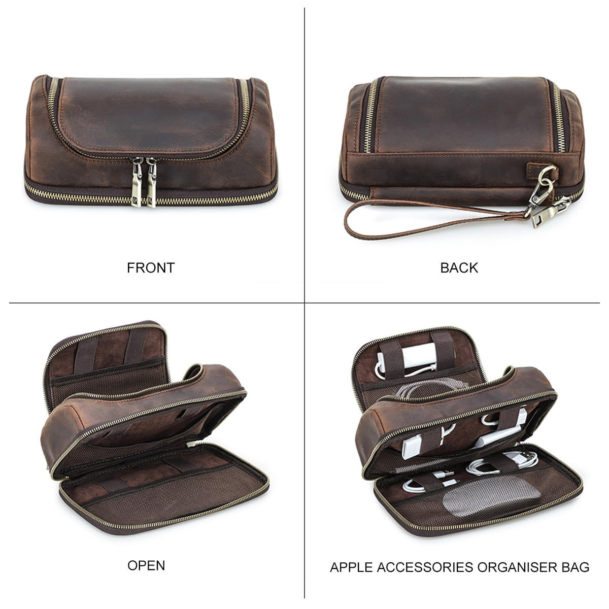 Hiram Handmade Crazy Horse Leather Tech Organizer Travel Case – Accessories Organiser Bag for Laptop, Tablet & Cell Phone, Double Compartment Charger Organizer Travel Case Coffee