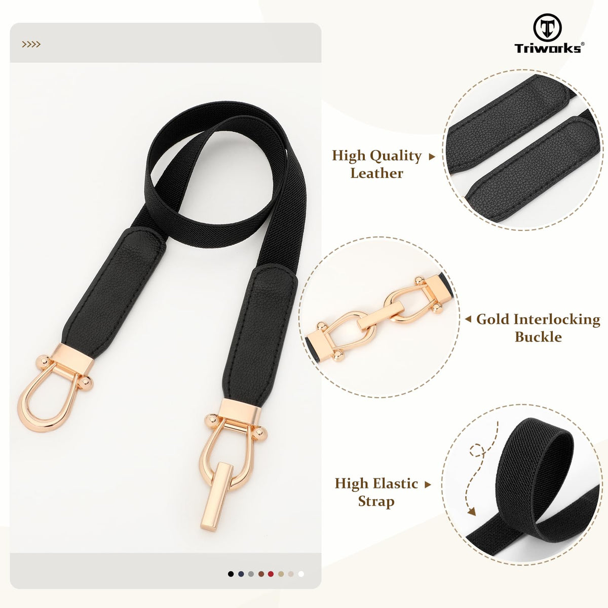 TRIWORKS 4 Pack Skinny Elastic Belts for Women Gold Buckle Thin Stretchy Waist Belts for Dresses