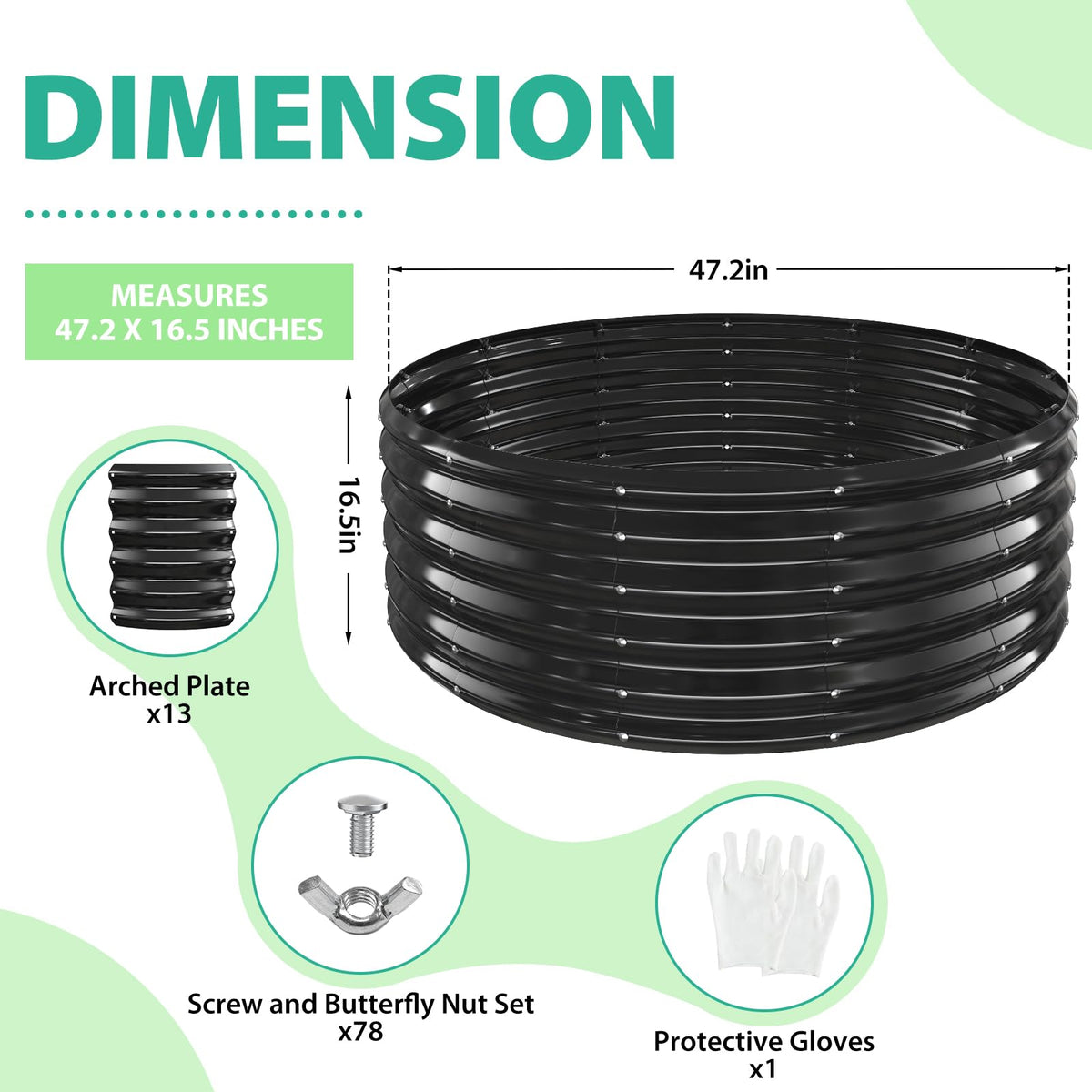 YSEJOMP 17" Tall Round Outdoor Garden Raised Garden Bed Kits-0.8MM Thick Metal Raised Planter Bed/Ground Planter Box for Variety of Flowers,Herbs,Vegetables,Trees (Black, 48 Dia X 16.5inches)