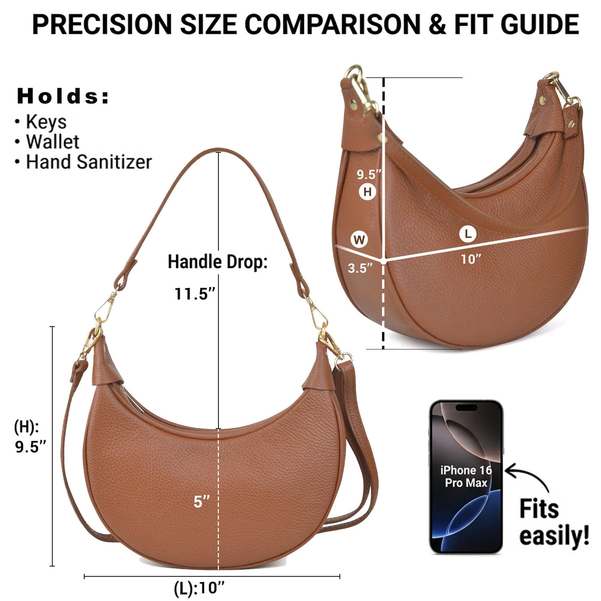Italian Genuine Leather Crescent Hobo Bag for Women, Small Shoulder Crossbody Purse, Handbag with 2 Straps for Work Travel