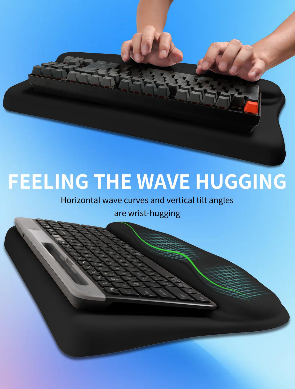 KUOSGM Ergonomic Wave Wrist Rest with Keyboard Stand, Cushioned Palm Rest, Comfortable Integrated Memory Foam for Natural Typing and Relieve Wrist Pain, Dark Night Black