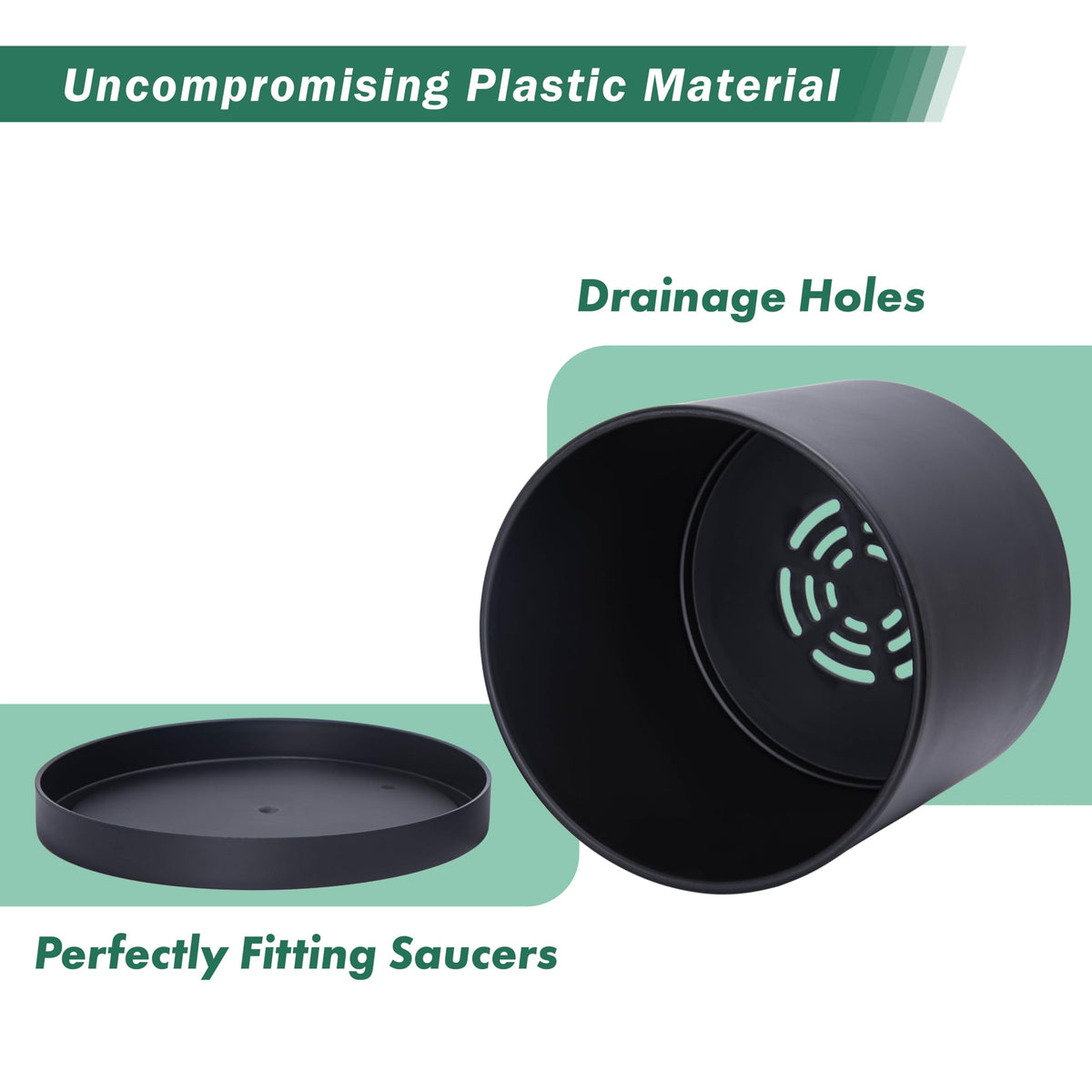 D'vine Dev 2 Pack 6 Inch Modern Plastic Plant Pots, Small Garden Planters for Plant with Drainage Holes and Saucers, Black Color, 74-Y-J-1