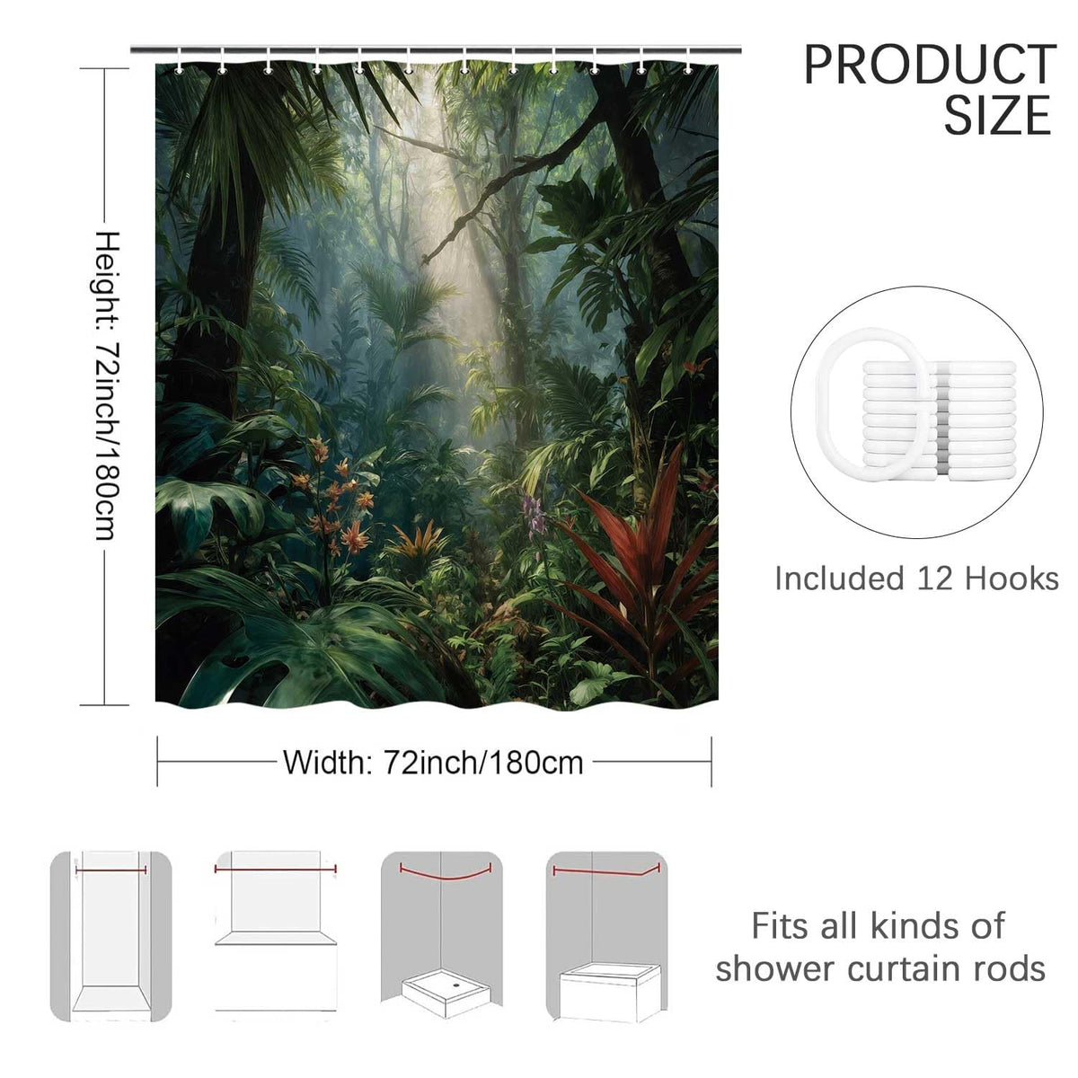iTapnoom Jungle Shower Curtain Rainforest Green Bathroom Decor 72 x 72