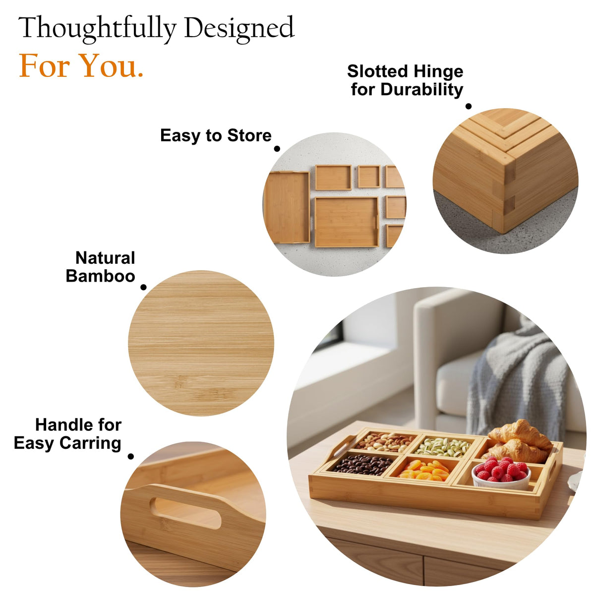 MAPLE MILL - Wooden Tray with Handle - Set of 7 Bamboo Trays for Serving Food - for Breakfast in Bedroom, at Dinner or Coffee Table - Decorative Bamboo Tray
