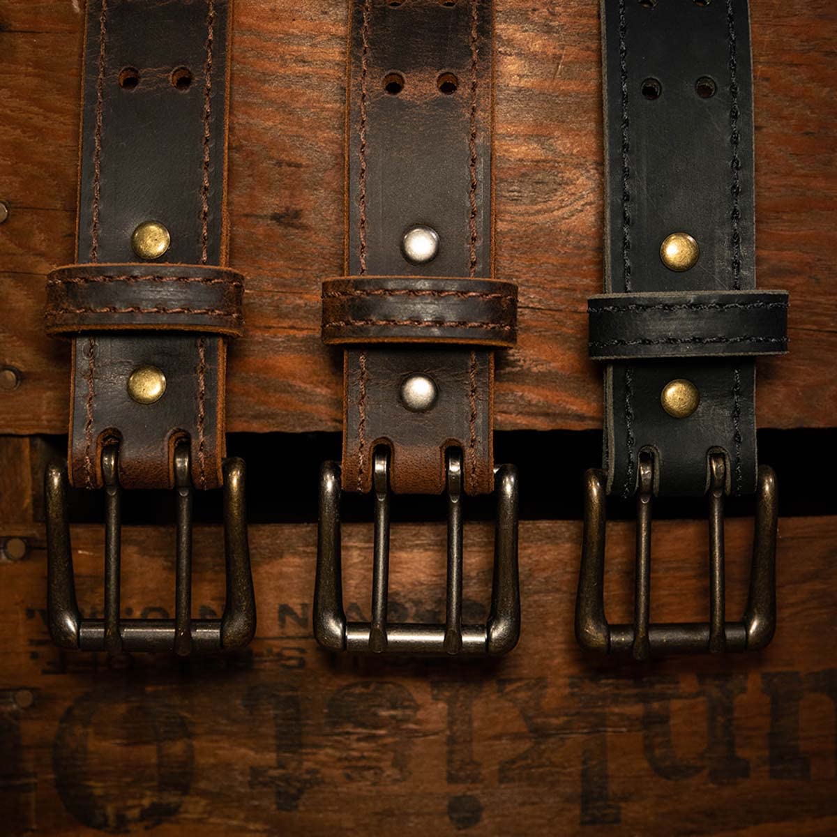 Men’s Classic Leather Belt, Double Prong Retro Style, Antique Brass Buckle, 1 ½” Width, Amish handmade in the USA (Vintage Brown, 44")