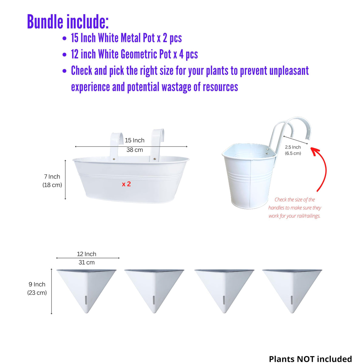 LaLaGreen Bundle- 2 Pack, 15 Inch White Metal Pot + 4 Pack, 12 Inch Geometric Self Watering Pot Modern Flower Vase Vessel Home Vertical Wall Mount Garden Window Rail Box Herb Plant Bucket Garden Decor