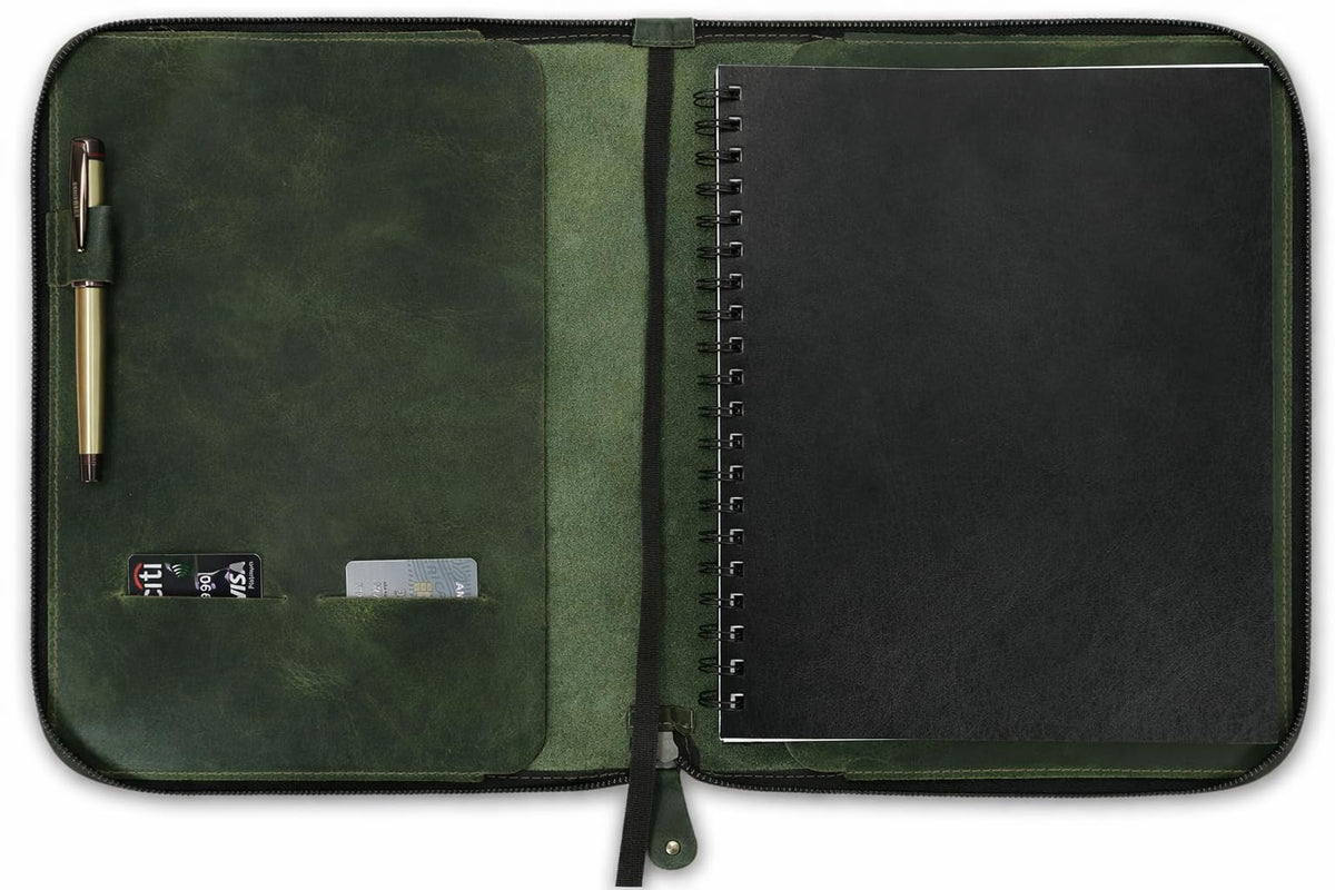 CestAntiQ, Heavy Duty Full Grain Leather Journal Cover (8.5 x 11 in.), Refillable Cahier XXL, Refillable Spiral Notebook (8.5 x 11 in.), Handmade Zippered Leather Journal Cover (Green)