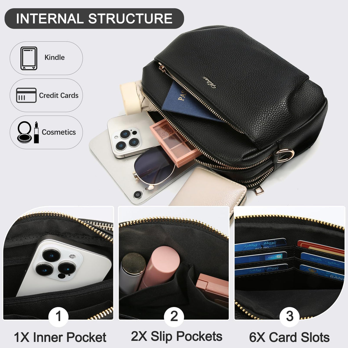 HILAEX Crossbody Bag for Women Leather Purse Anti Theft Multi Pockets Wide Adjustable Strap Shoulder Handbag RFID Blocking Black