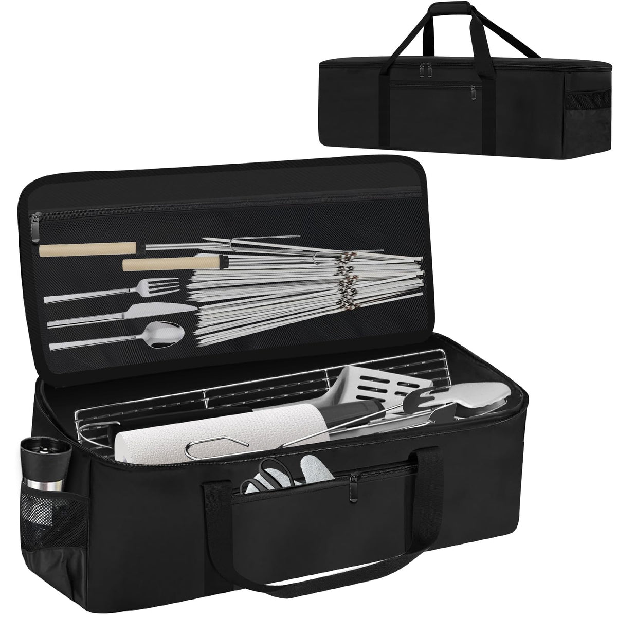CSOKRE Grill Tool Storage Bag, Outdoor BBQ Utensil Storage with Pockets for BBQ Tools up to 22", Large Grilling Utensil Holder Storage Caddy, Barbecue Tool Sets Case for Camping Picnic,Bag Only,Black