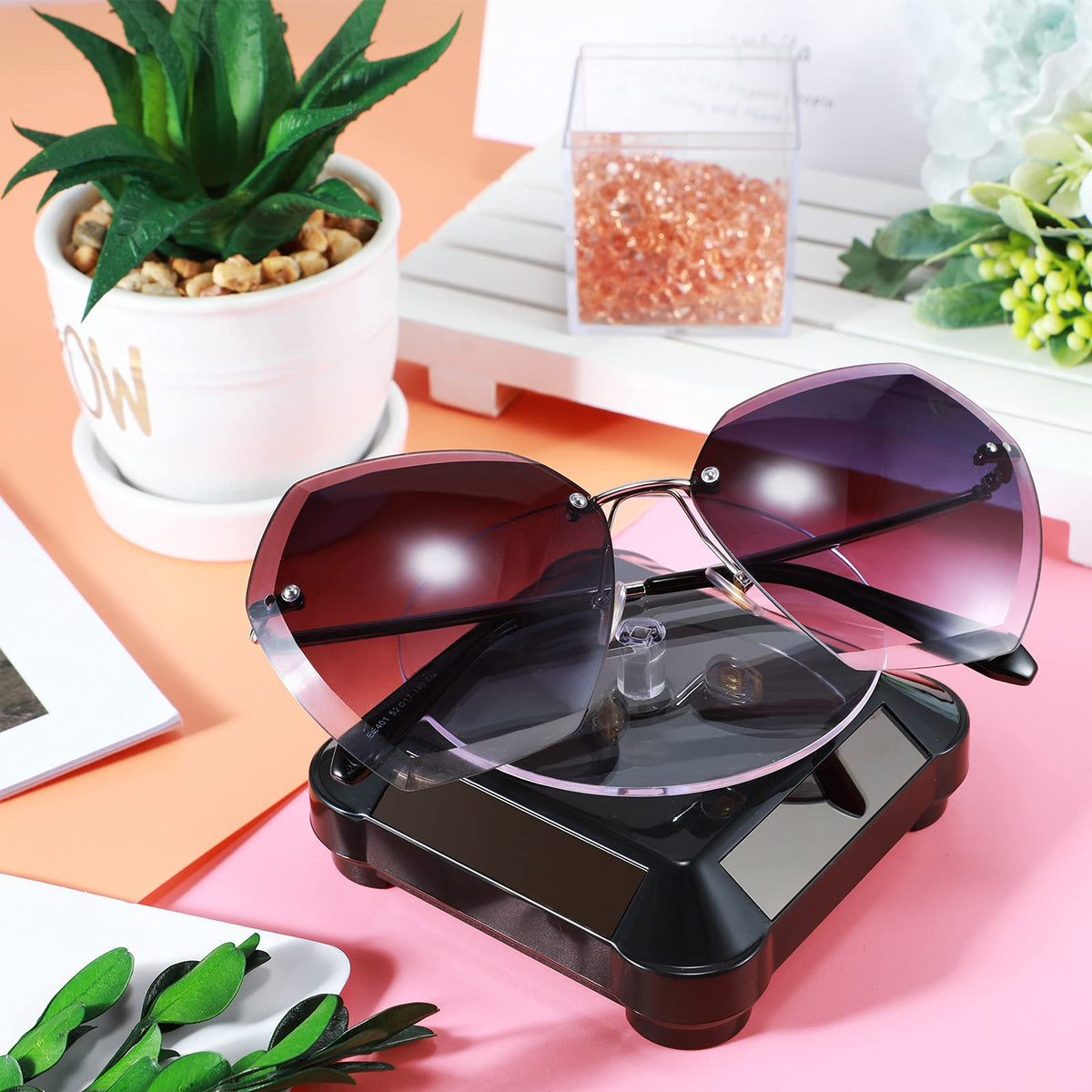 Xuhal 8 Pcs Solar Rotating Stand Turntable Battery Powered Double Use Solar Display Stand Jewelry Spinner 360 Degrees Solar Showcase Base Watch Hobby Collection Shelf for Table (Black)