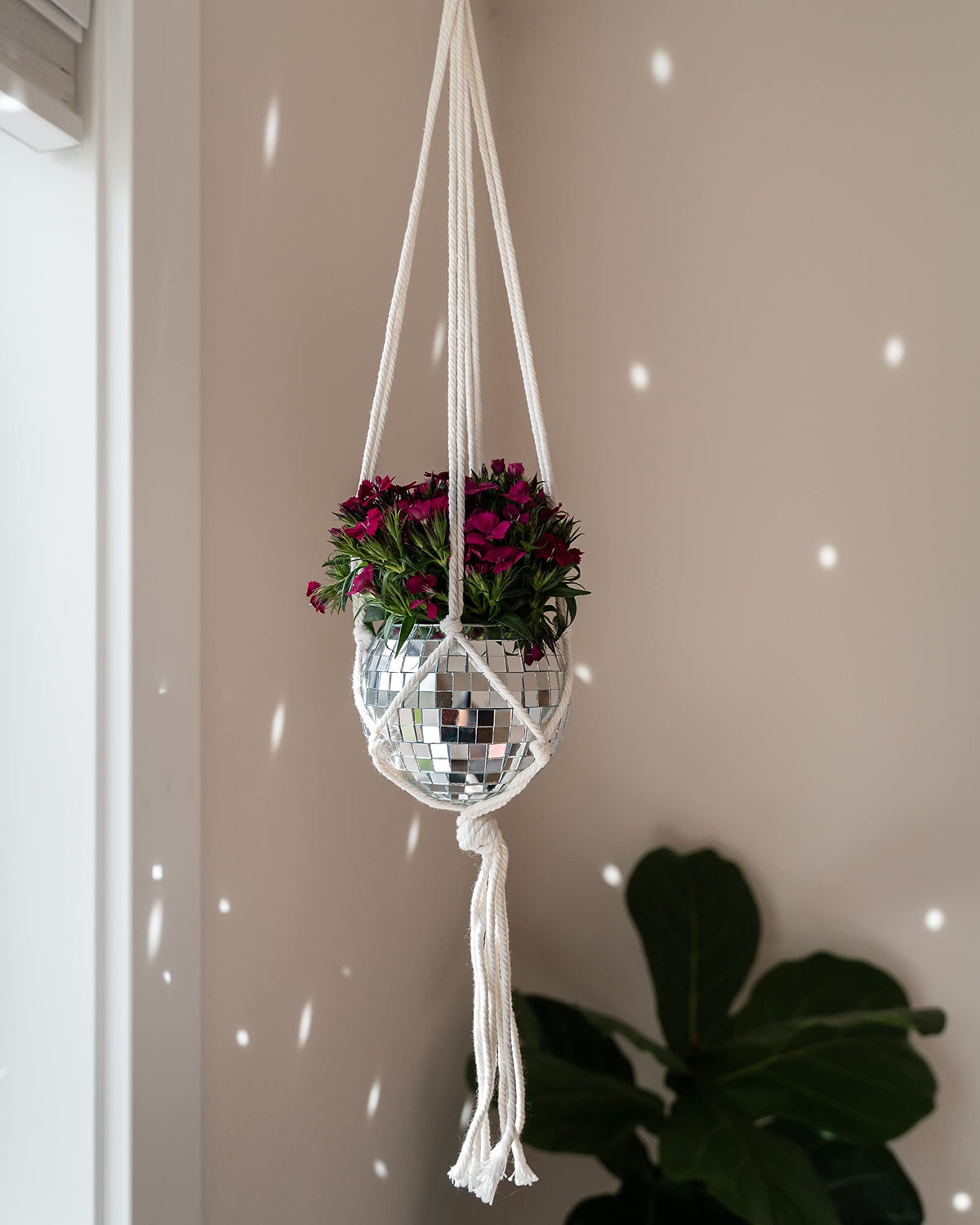 Havenstone Home Hanging Disco Ball Planter 8" - with Acrylic Stand and Macrame Plant Hanger - Home Décor, Room Décor, Patio or Boho Décor, Mirror Disco Planter, Disco Decor (4" Mini with Base)