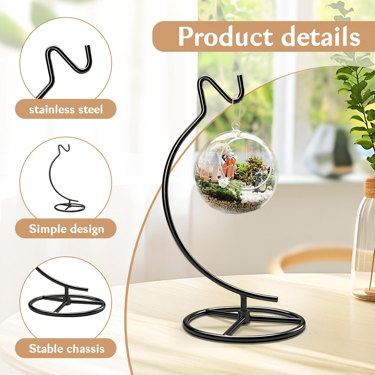 TSUMAZURE Ornament Display Stand with Hook, 11" Black Iron Hanging Stand for Air Plants, Glass Balls, Witch Balls, Terrariums, Christmas & Wedding Decorations, Home & Office Decor (black)