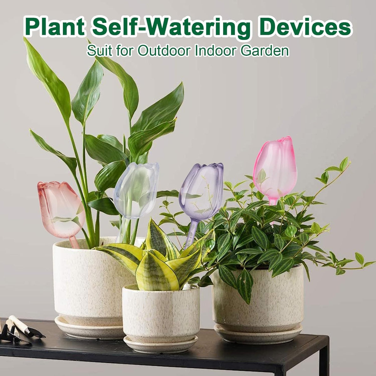 Adoric Plant Self-Watering Stakes 4 Tulips, Self Watering Planter Insert,Plant Watering Devices,Watering Bulbs for Indoor Automatic Plant Waterer Indoor (Small-4 Tulips)