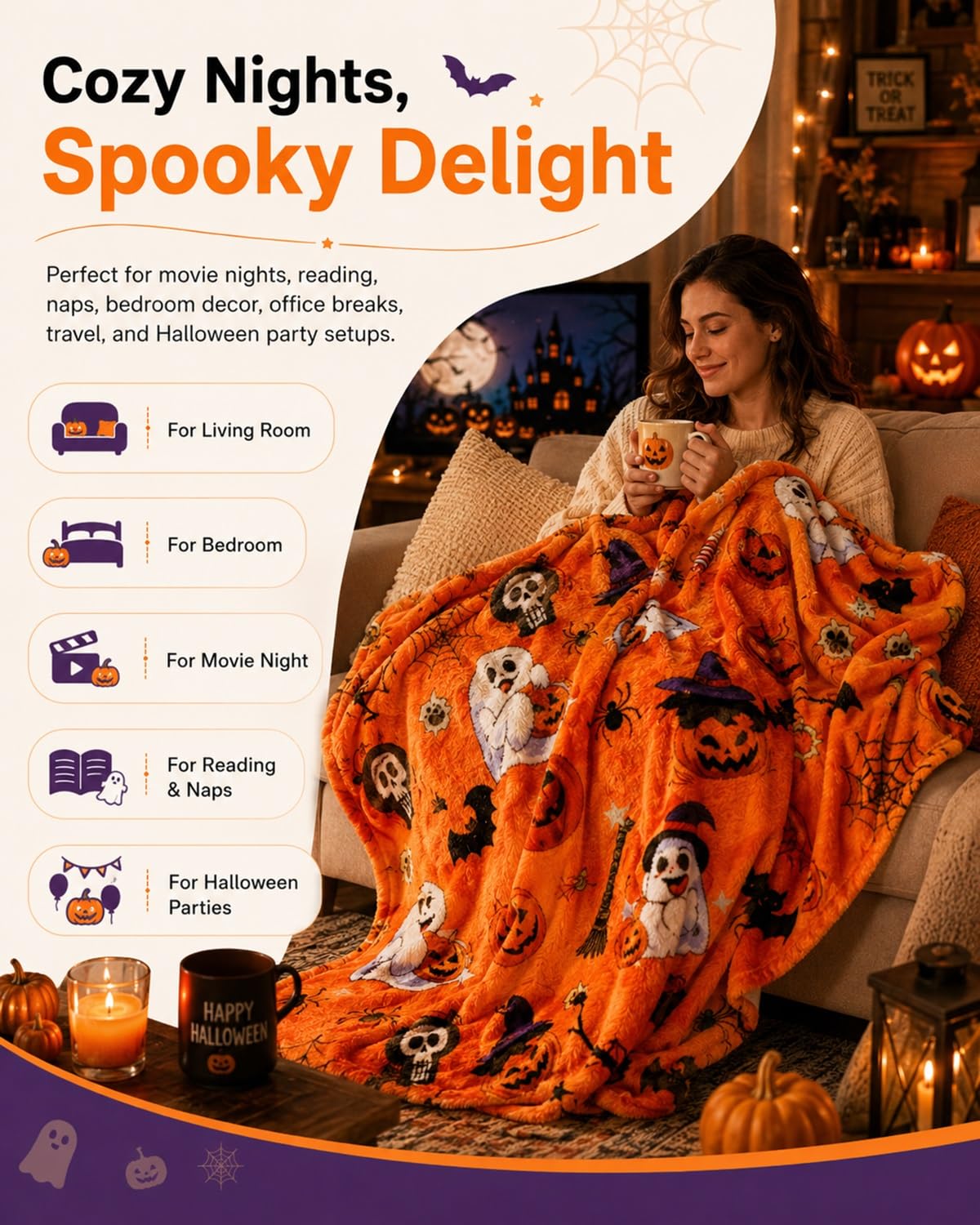 Halloween Throw Blanket Couch Cozy Flannel Decoration for Party Bed Soft Flannel Ghost Blanket Halloween Harvest Gifts Horror Ghost Bat Pumpkin(Model7,50x80in)