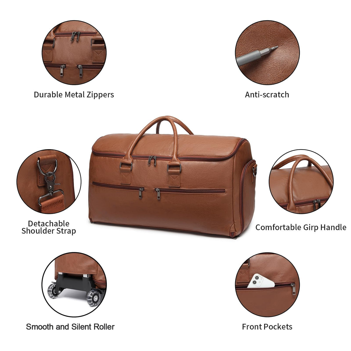 Seyfocnia Rolling Garment Bag With Wheels - Overnight Carry On Suitcase With Shoe Compartment - Convertible Duffle Bag for Travel - Brown