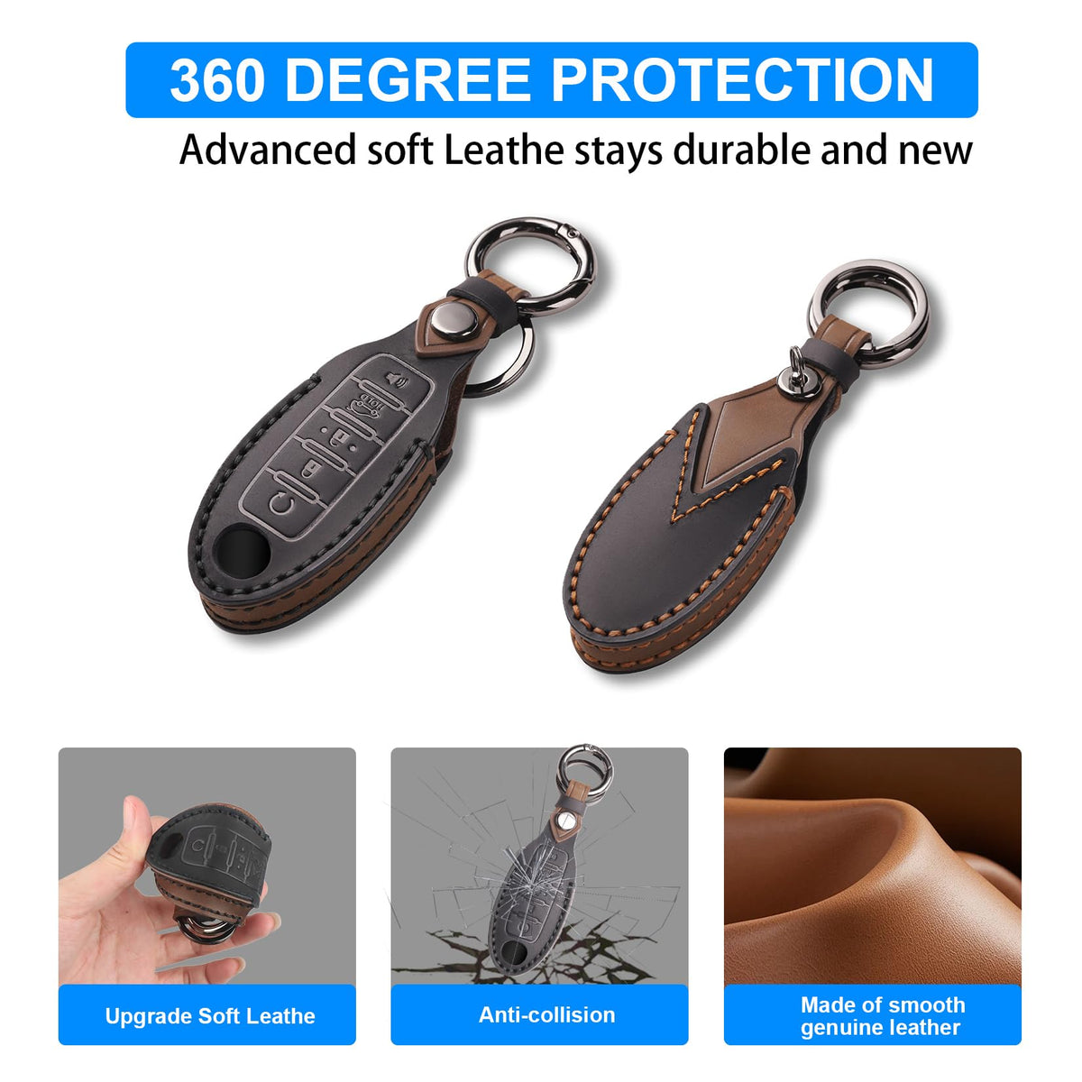 QBUC for Nissan Genuine Leather Key Fob Cover Protective Case with Keychain for Rogue Pathfinder Murano Armada Frontier Sentra Altima Versa Titan Maxima Titan Xterra 5-Buttons(Black Leather)