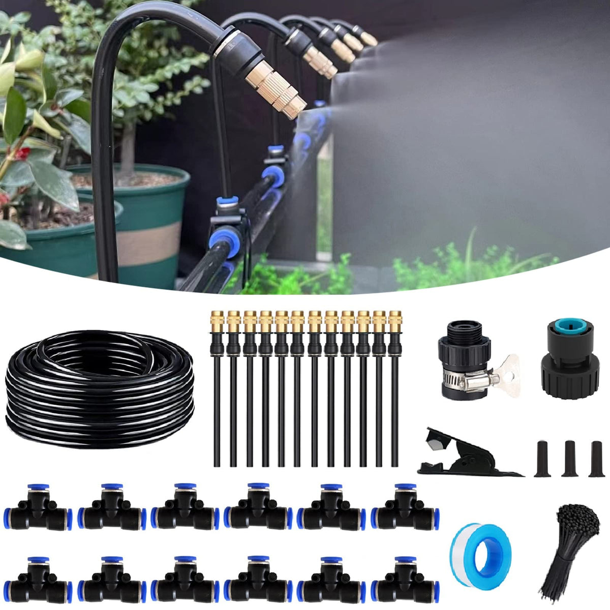 50FT Drip Irrigation Kit, Automatic Garden Watering System with Tool-Free Quick Connectors, 360° Bending Drippers & Copper Misting Nozzles for Greenhouse, Patio, Lawn & Vegetable Garden. (15M)