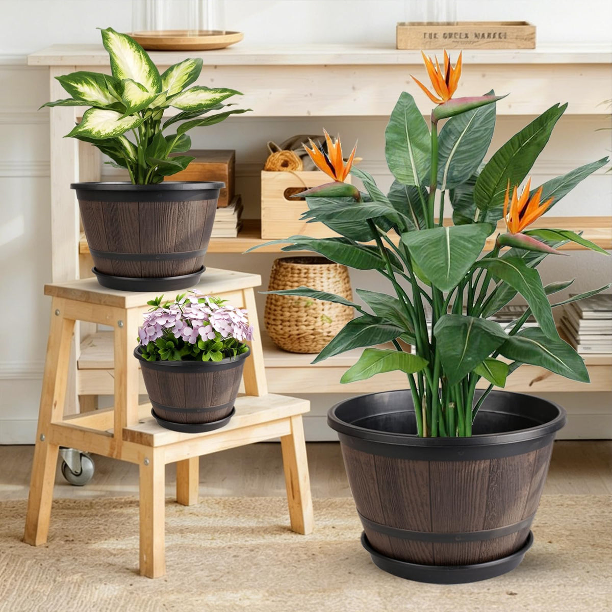 Myfeegoin 10-inch-Pots-for-Plant-Outdoor, 4 Pack Plastic Whiskey Barrel Planters Plant Pots with Drainage Hole & Saucer, Decorative Indoor Flower Pot for House Garden Porch