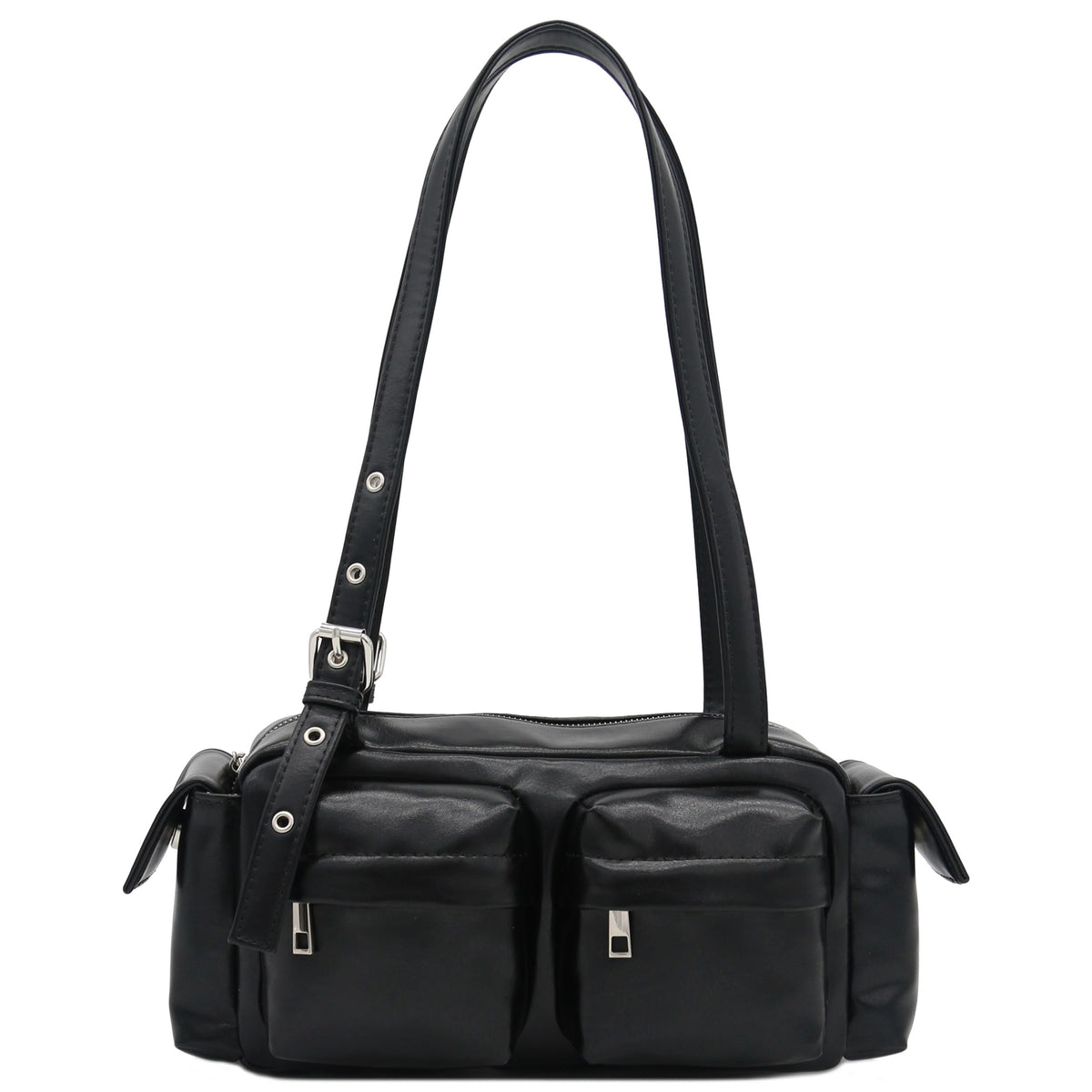 FashionPuzzle Glossy PU Leather Multi Pocket Shoulder Bag Satchel (Black)