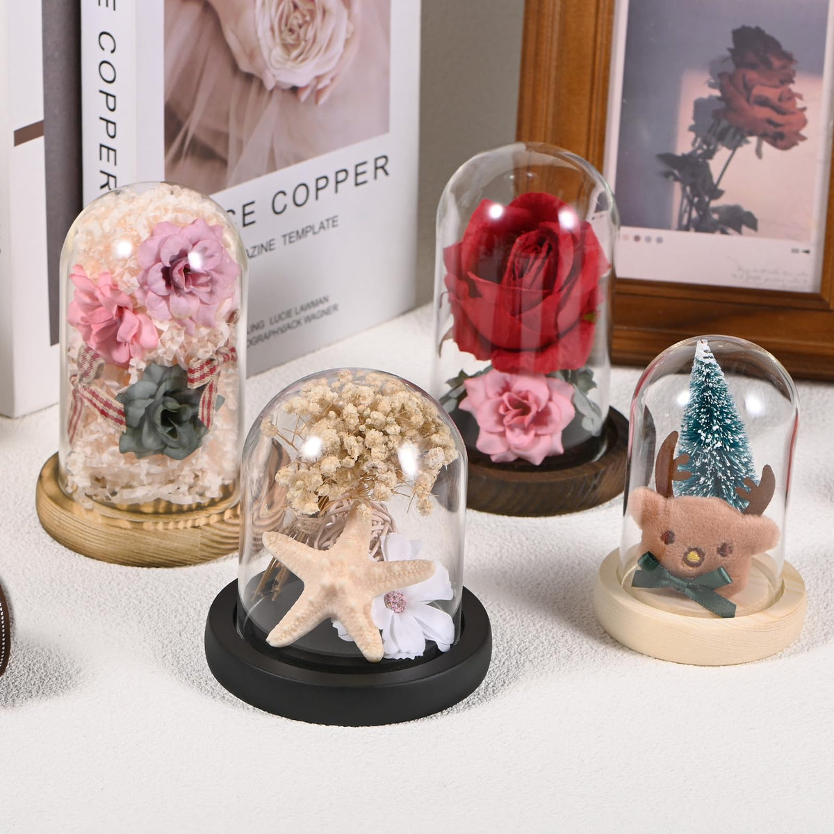 M METERXITY Cloche Glass Dome, 3.9"x2.4" Glass Display Case with Wooden Base for DIY Snow Globes/Small Plants/Flowers/Candles/Models/Souvenirs, Tabletop Centerpiece [Dark]