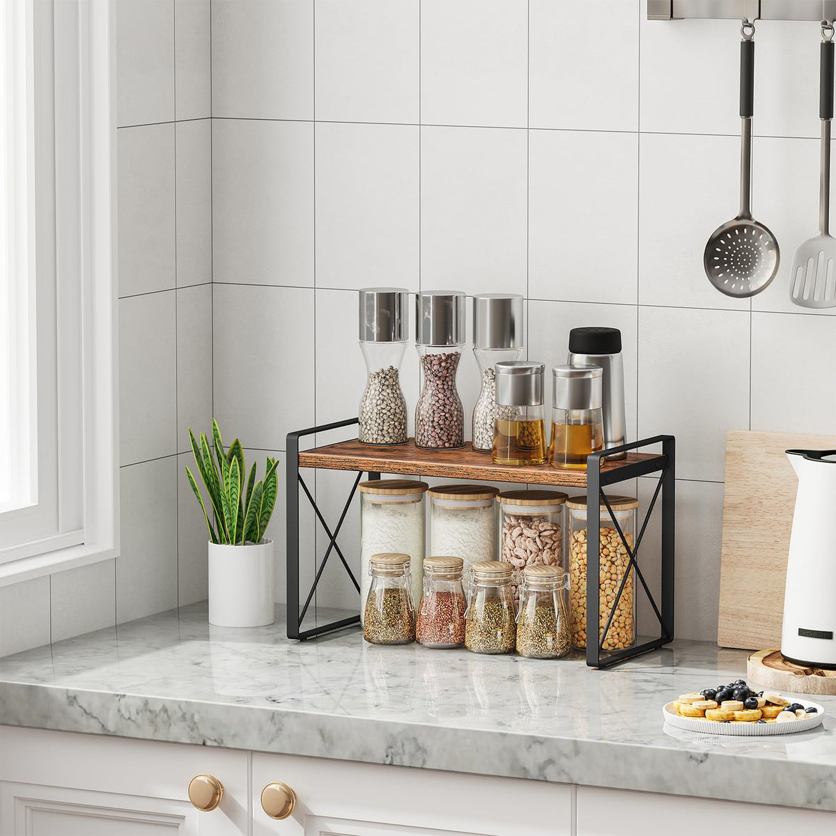 Giikin Countertop Shelf Organizer, Cupboard Stand Spice Rack, Retro Style Cabinet Shelf for Pantry, Kitchen, Bathroom, Reading Room, Bedroom to Save Space (7.8" D x 15.7" W x 9.4" H, Rustic Brown)
