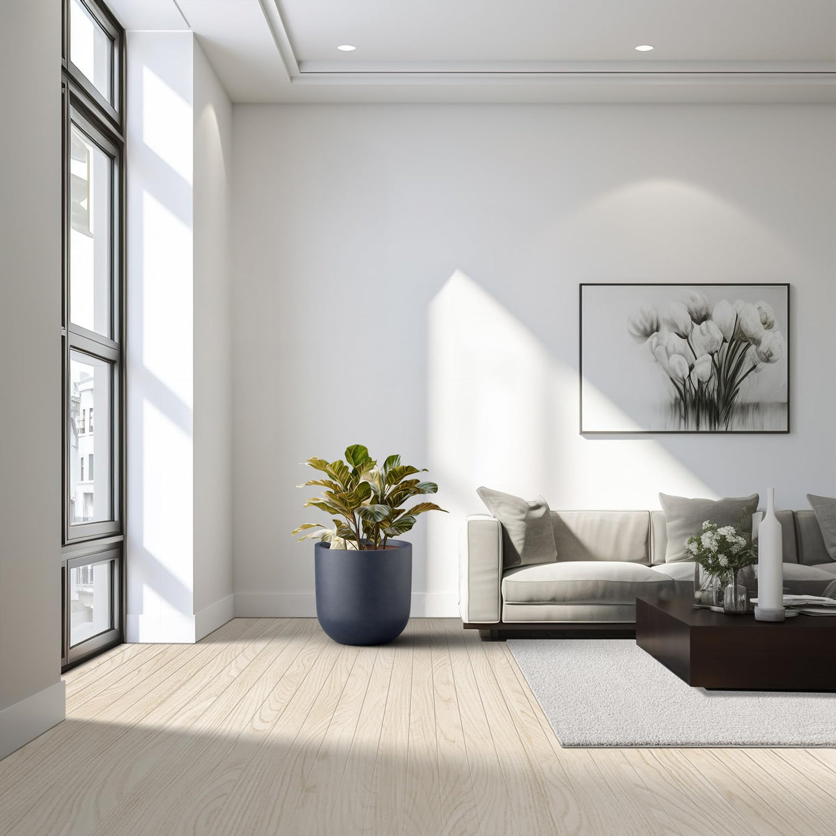 Kante 11.0" Round Concrete Planter, Large Cylinder Plant Pot with Curved Bottom and Drainage Hole, for Indoor and Outdoor Use – Garden or Patio, Charcoal Finish with Painted Interior