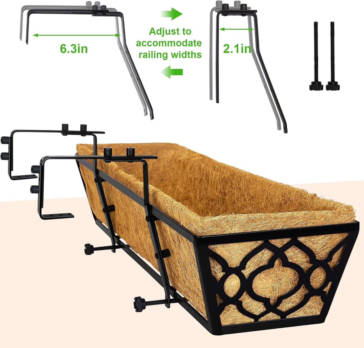 LAWYAMAI 4 Pack 30 Inch Railing Planter Box with Coco Liner, Adjustable Metal Window Box Planter for Balcony Deck Fence, Hanging Flower Basket for Outdoor Garden, Black