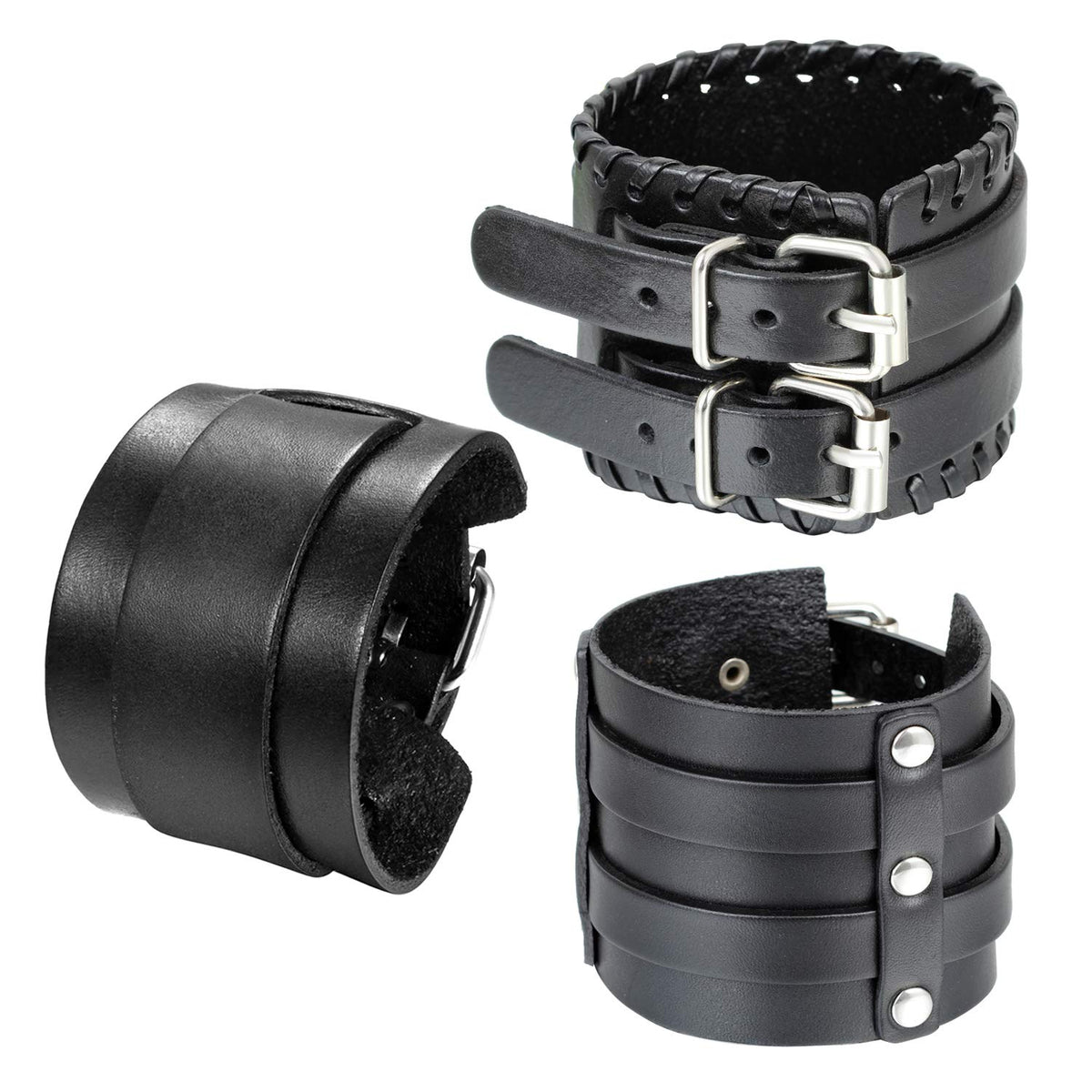Cupimatch 3 Pcs Black Adjustable Leather Bracelet, Punk Rock Wide Leather Belt Cuff Bangle Wristband for Men for Father's Day