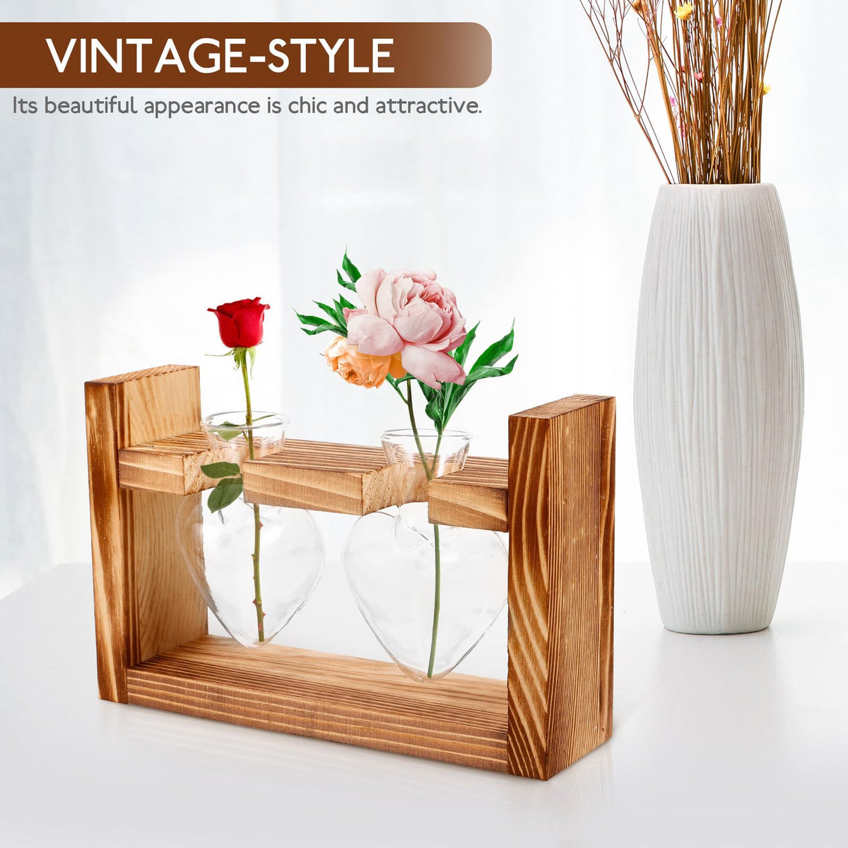 Healvian Heart-Shaped Glass Terrarium Vase with Wooden Stand, Hydroponic Planter for Indoor Plants, Desktop Home Decor, 2pcs Set with Retro Frame Packaging