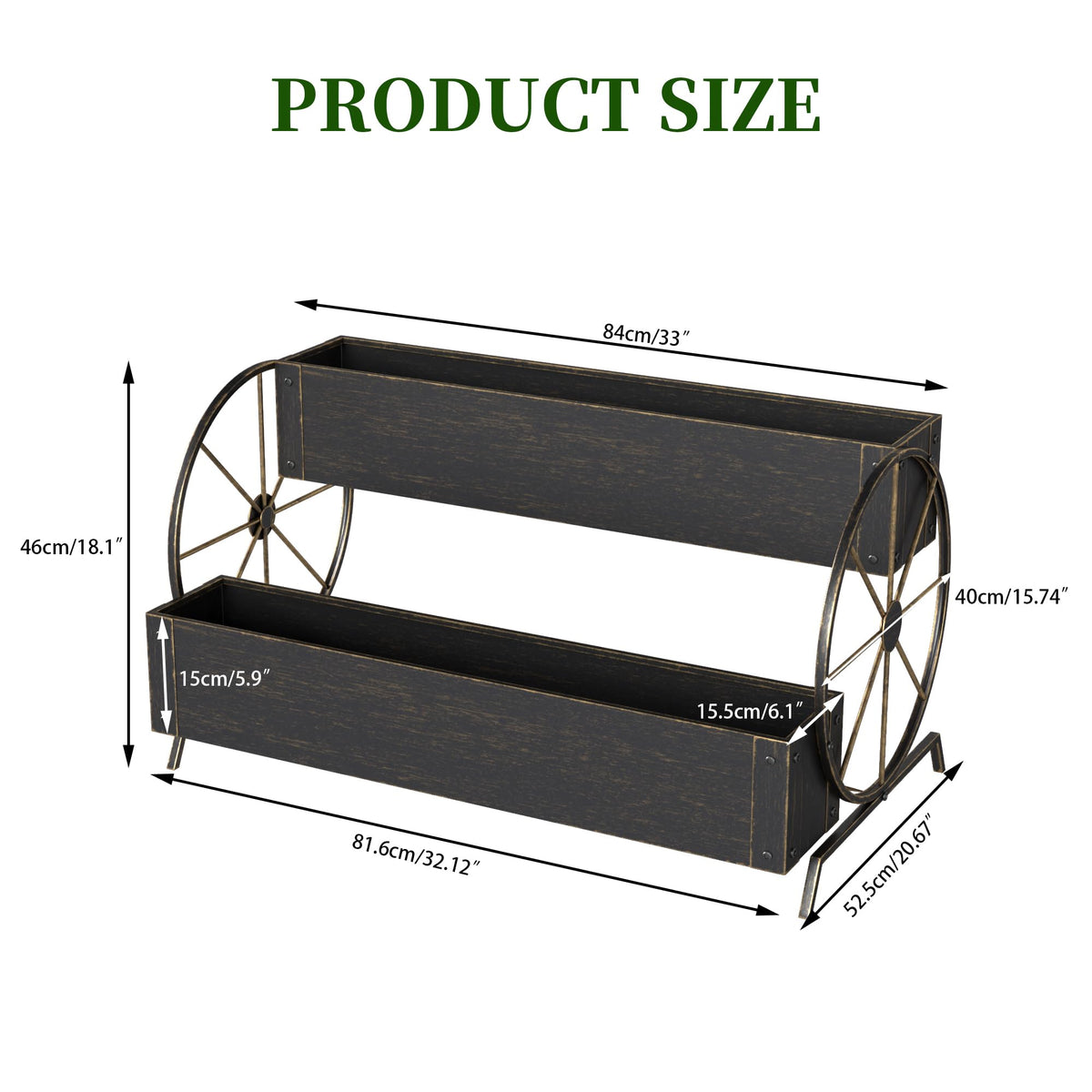Athuiline Metal Wagon Planter Box, 2-Tier Outdoor Planter Raised Garden Beds with Wheels, Decorative Planter Boxes for Flowers Herbs Vegetables, Small Flower Cart for Patio, Balcony (Retro Gold)