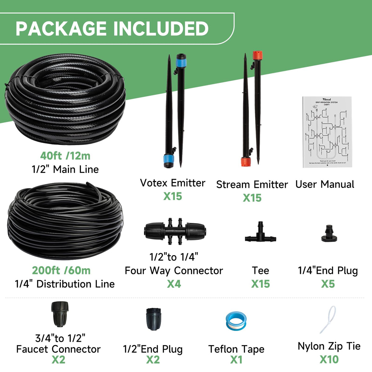 Riboud 240FT Drip Irrigation System Kit, Automatic Garden Watering System for Plant, Greenhouse, Yard, Lawn, with 1/2 inch 1/4 inch Irrigation Tubing Hose and Accessories