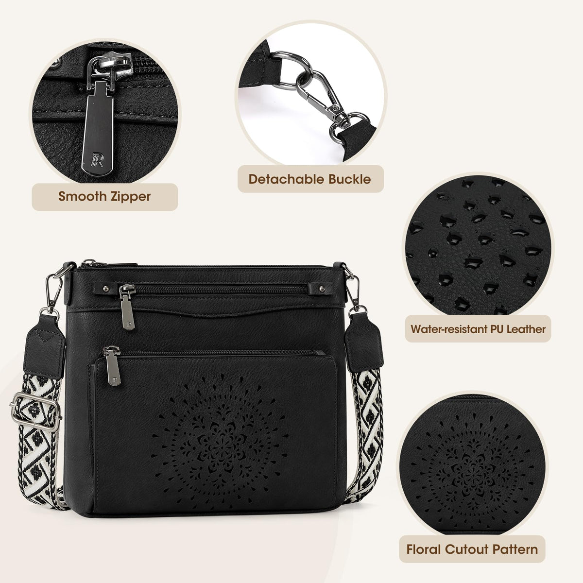 RAINSMORE Crossbody Bags for Women Leather Medium Crossbody Purse with Card Slots & Adjustable Strap Water-Resistant Womens Shoulder Handbag for Work Travel, Black