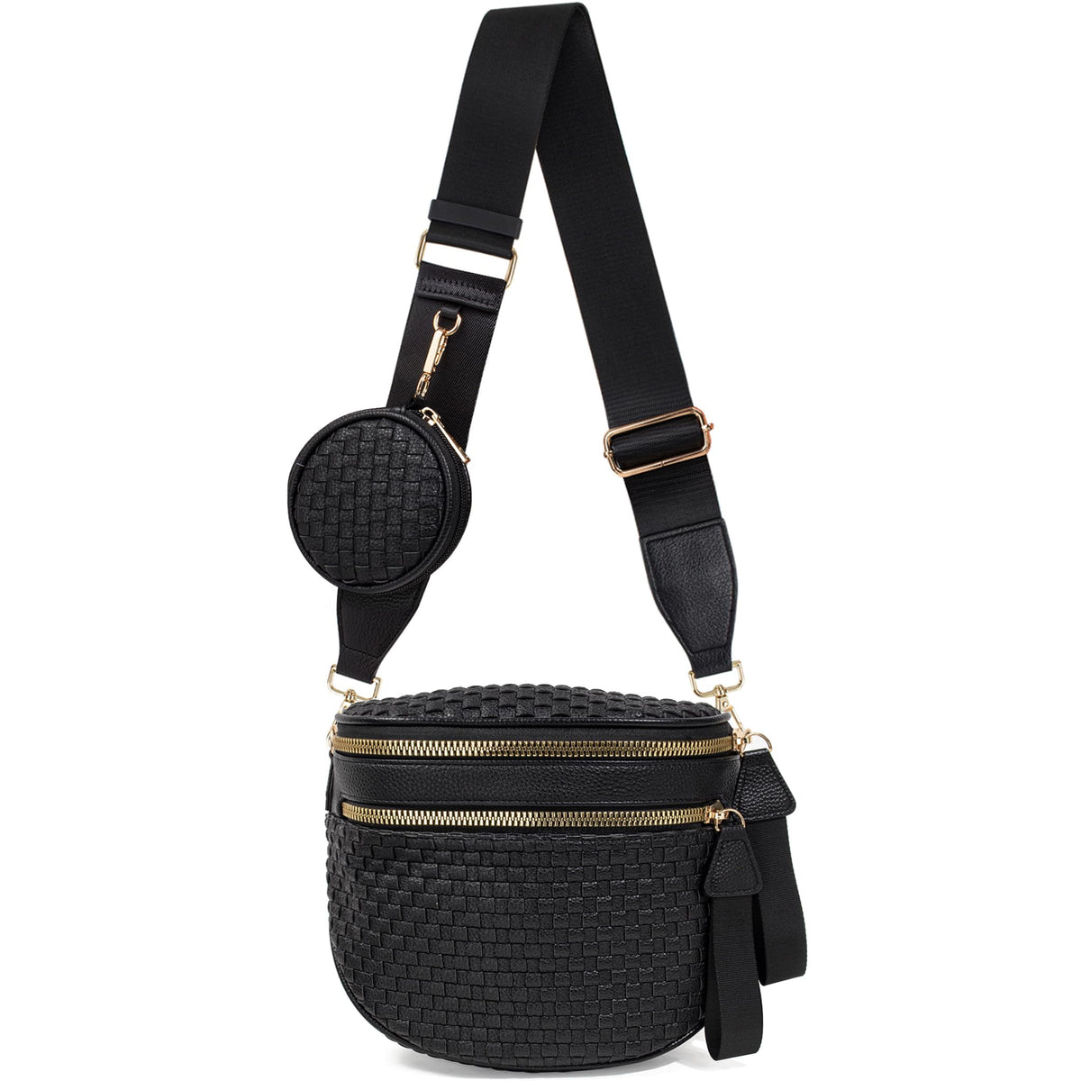 Valentoria Large Woven Leather Crossbody Bags for Women Bum Bag Sling Bag Purse With Adjustable Strap Detachable Wallets Must Haves Cross body Bag (Black Checkered)