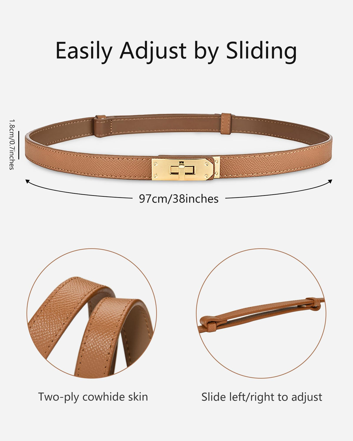 ANHAISHUILV Women's Skinny Leather Belt with Adjustable Golden Turn-Lock Buckle - Ideal for Dresses, Jeans, and Coats, Caramel Black