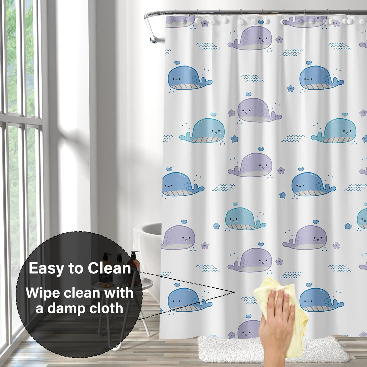 Plastic Shower Liner - Premium EVA 5G Shower Curtain Liner with Rustproof Grommets and 3 Weighted Magnets, Waterproof Shower Curtains for Bathroom (Baby Whale, 72" x 72")